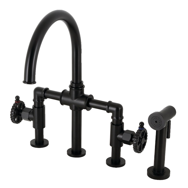 Kingston Brass KS2330CG Industrial Style Bridge Kitchen Faucet with Brass Sprayer, Matte Black KS2330CG - main